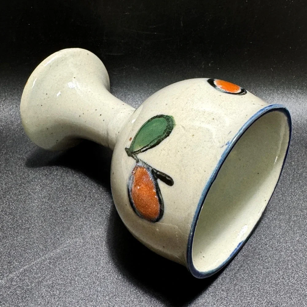 Vintage Pottery Goblet Hand Painted Fruit Speckle Glaze Cobalt Blue Rim Folk Art